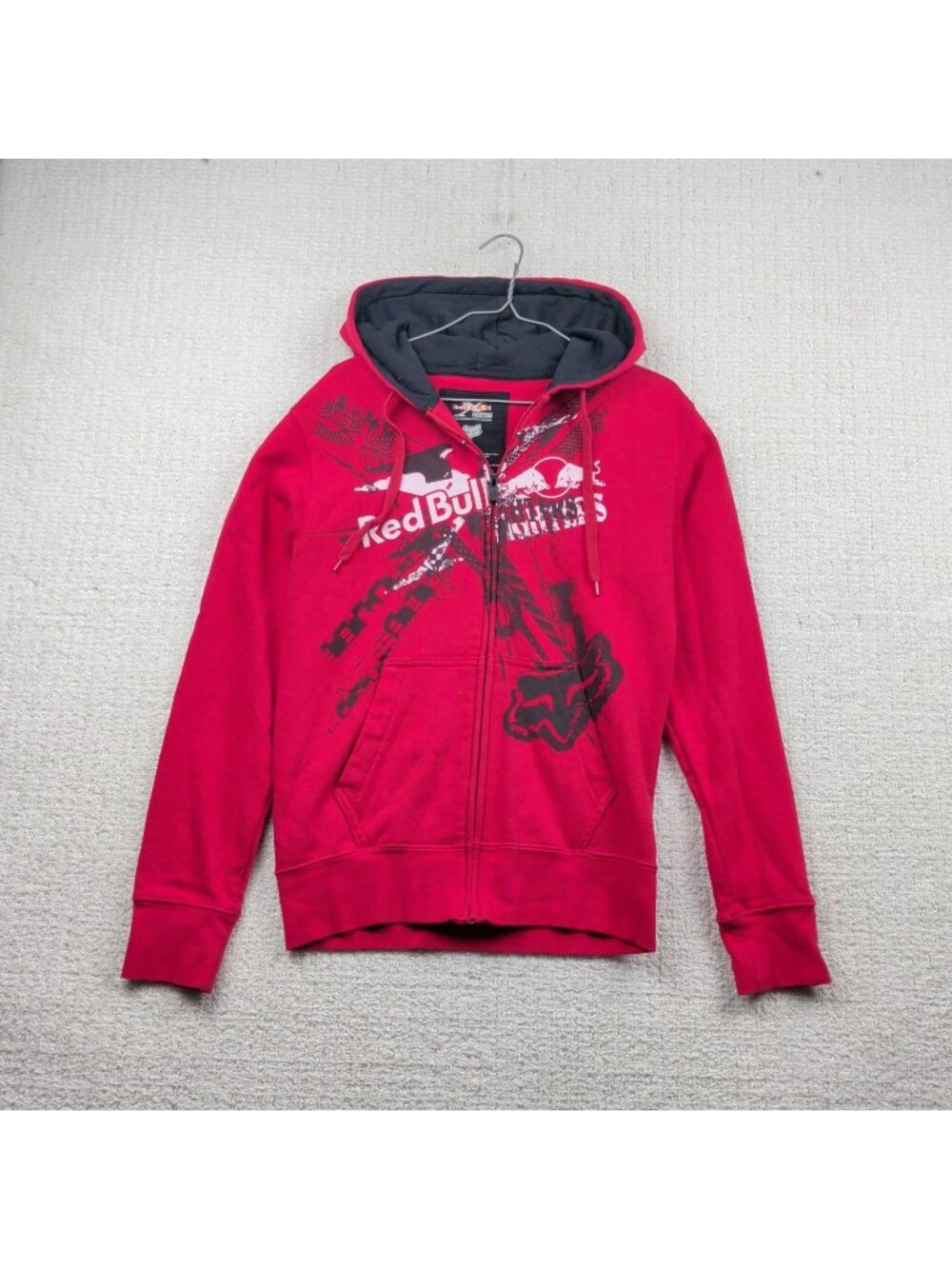 Y2K Red Bull X Fighters x Fox Racing Men Sz S Full Zip Hoodie Red Grunge Moto